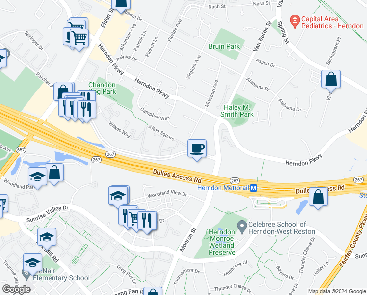 map of restaurants, bars, coffee shops, grocery stores, and more near 12905 Alton Square in Herndon