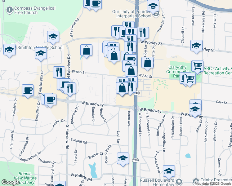 map of restaurants, bars, coffee shops, grocery stores, and more near 2401 West Broadway in Columbia