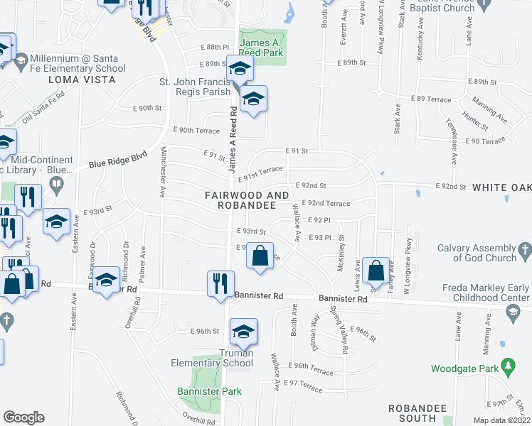 map of restaurants, bars, coffee shops, grocery stores, and more near 8405 East 92 Place in Kansas City