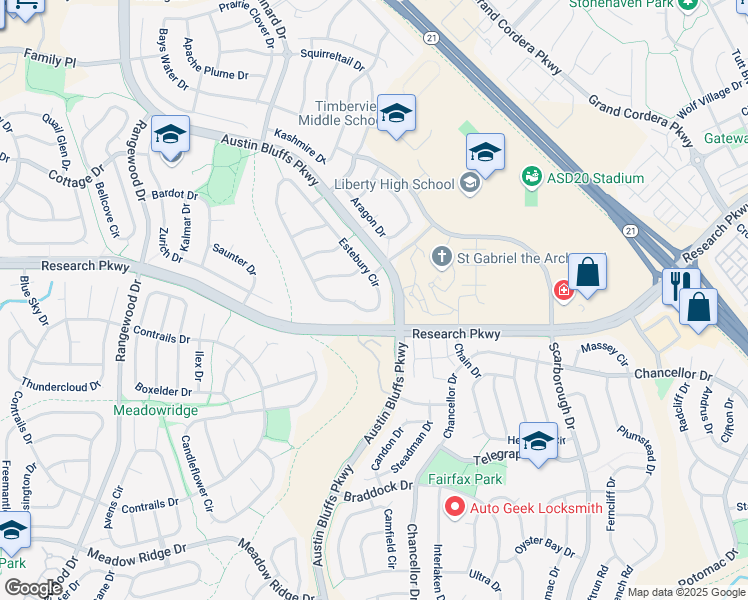 map of restaurants, bars, coffee shops, grocery stores, and more near 8842 Estebury Circle in Colorado Springs