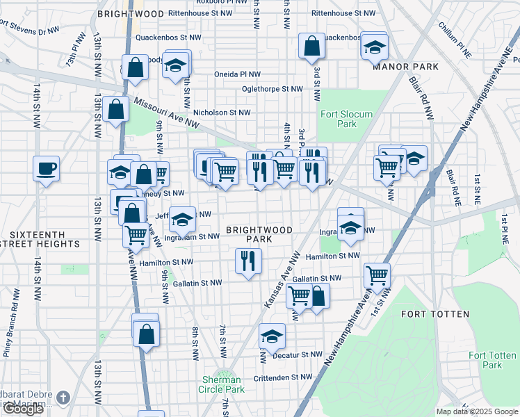 map of restaurants, bars, coffee shops, grocery stores, and more near 5403 5th Street Northwest in Washington