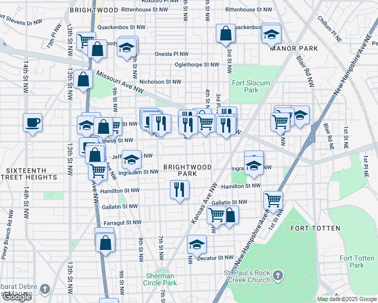 map of restaurants, bars, coffee shops, grocery stores, and more near 5403 5th Street Northwest in Washington