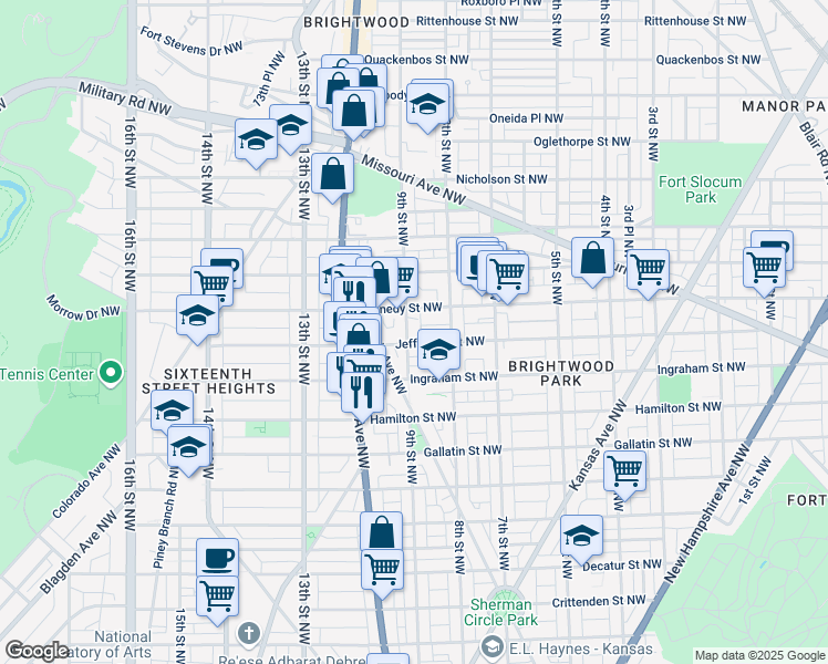 map of restaurants, bars, coffee shops, grocery stores, and more near 5407 9th Street Northwest in Washington