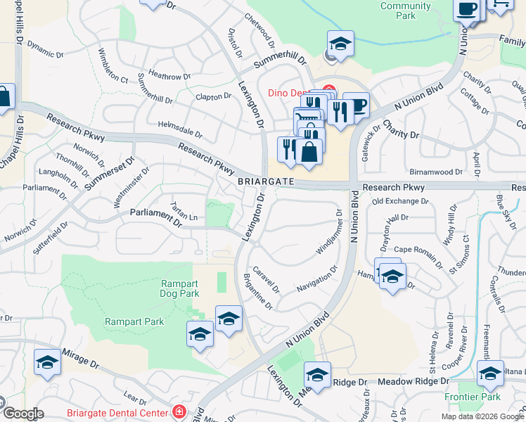 map of restaurants, bars, coffee shops, grocery stores, and more near 8625 Braeswood Point in Colorado Springs