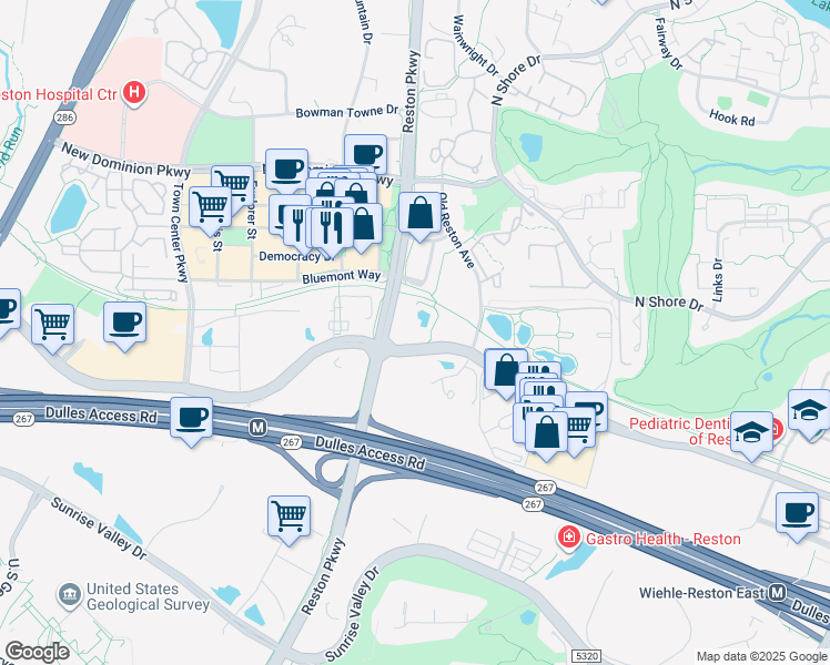 map of restaurants, bars, coffee shops, grocery stores, and more near 11800 Sunset Hills Road in Reston