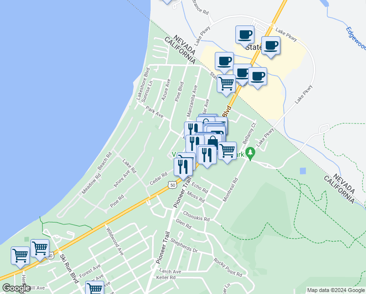 map of restaurants, bars, coffee shops, grocery stores, and more near 4003 Lake Tahoe Boulevard in South Lake Tahoe