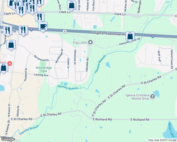map of restaurants, bars, coffee shops, grocery stores, and more near 600 Hillsdale Road in Columbia