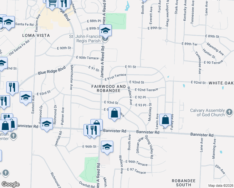 map of restaurants, bars, coffee shops, grocery stores, and more near 8405 East 92 Place in Kansas City