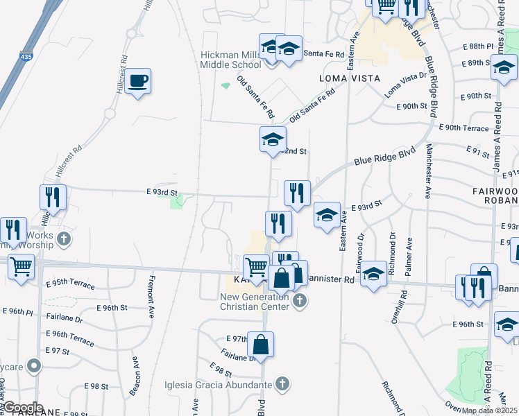 map of restaurants, bars, coffee shops, grocery stores, and more near 9340 Blue Ridge Boulevard in Kansas City