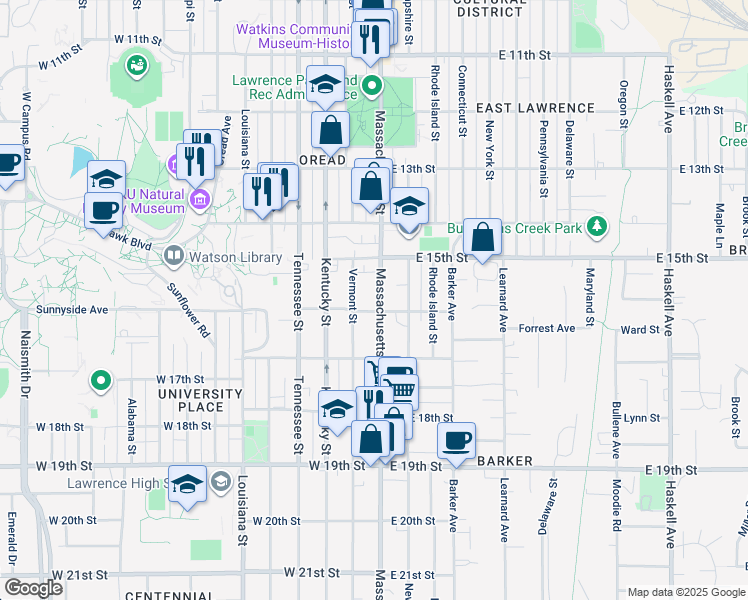 map of restaurants, bars, coffee shops, grocery stores, and more near 1603 Massachusetts St in Lawrence