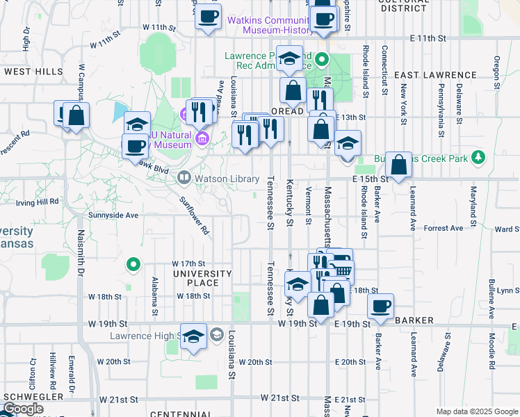 map of restaurants, bars, coffee shops, grocery stores, and more near 1605 Tennessee Street in Lawrence