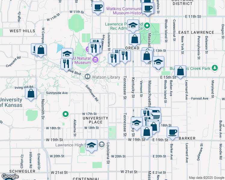 map of restaurants, bars, coffee shops, grocery stores, and more near 1601-1625 Edgehill Rd in Lawrence