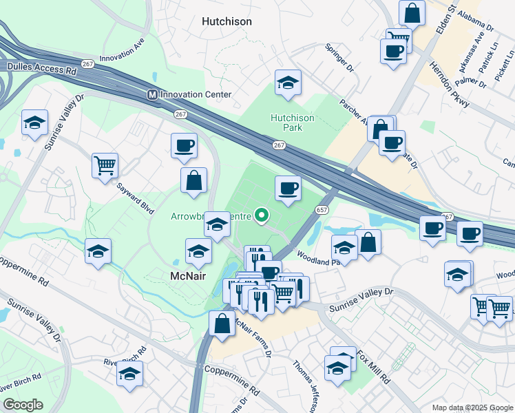 map of restaurants, bars, coffee shops, grocery stores, and more near 13361 Launders Street in Herndon