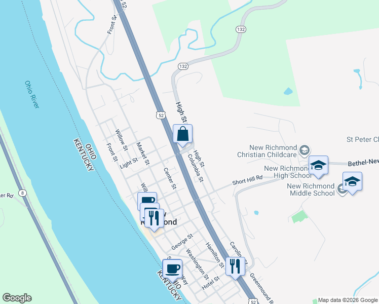 map of restaurants, bars, coffee shops, grocery stores, and more near 520 Sycamore Street in New Richmond
