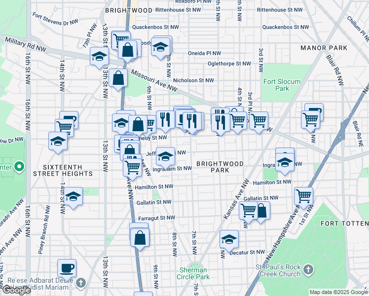 map of restaurants, bars, coffee shops, grocery stores, and more near 717 Jefferson Street Northwest in Washington