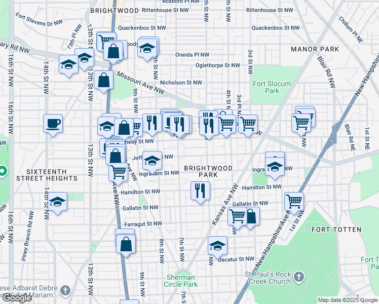 map of restaurants, bars, coffee shops, grocery stores, and more near 617 Jefferson Street Northeast in Washington
