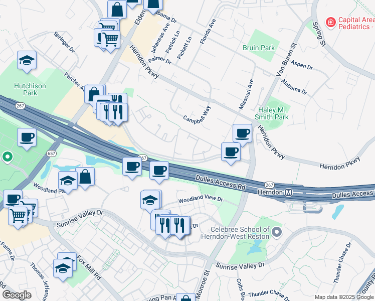 map of restaurants, bars, coffee shops, grocery stores, and more near 2204 Westcourt Lane in Herndon