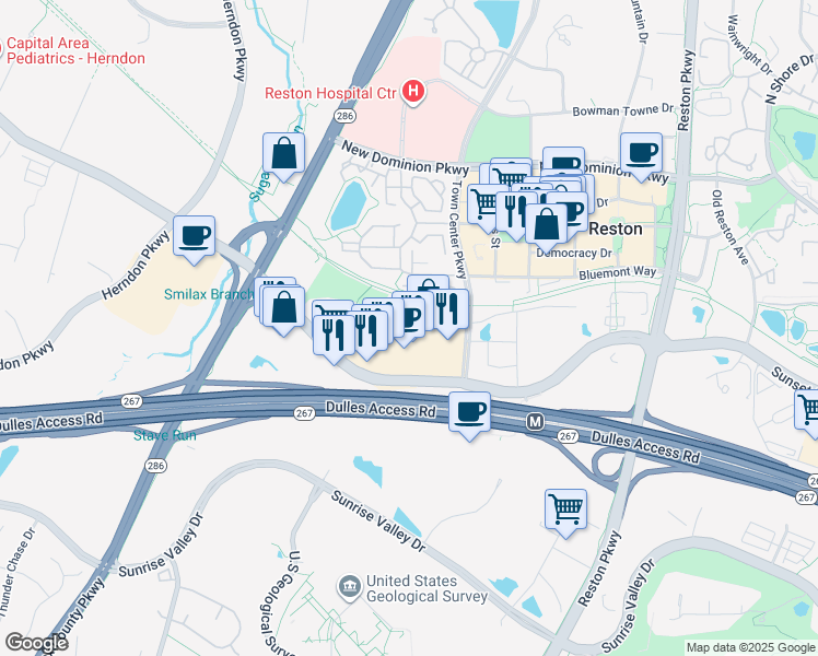 map of restaurants, bars, coffee shops, grocery stores, and more near 12110 Sunset Hills Road in Reston