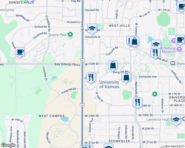 map of restaurants, bars, coffee shops, grocery stores, and more near 1675 Engel Rd in Lawrence