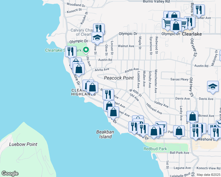 map of restaurants, bars, coffee shops, grocery stores, and more near 14385 Uhl Avenue in Clearlake