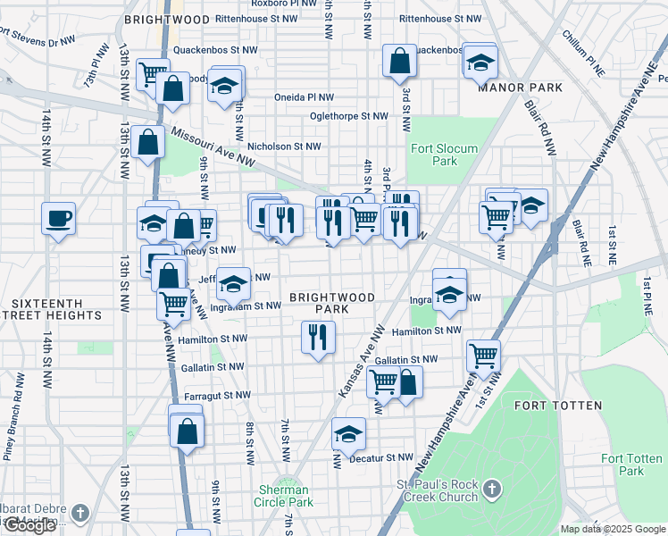 map of restaurants, bars, coffee shops, grocery stores, and more near 5405 5th Street Northwest in Washington