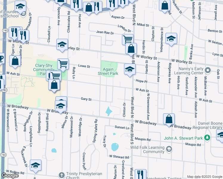 map of restaurants, bars, coffee shops, grocery stores, and more near 121 Redwood Road in Columbia