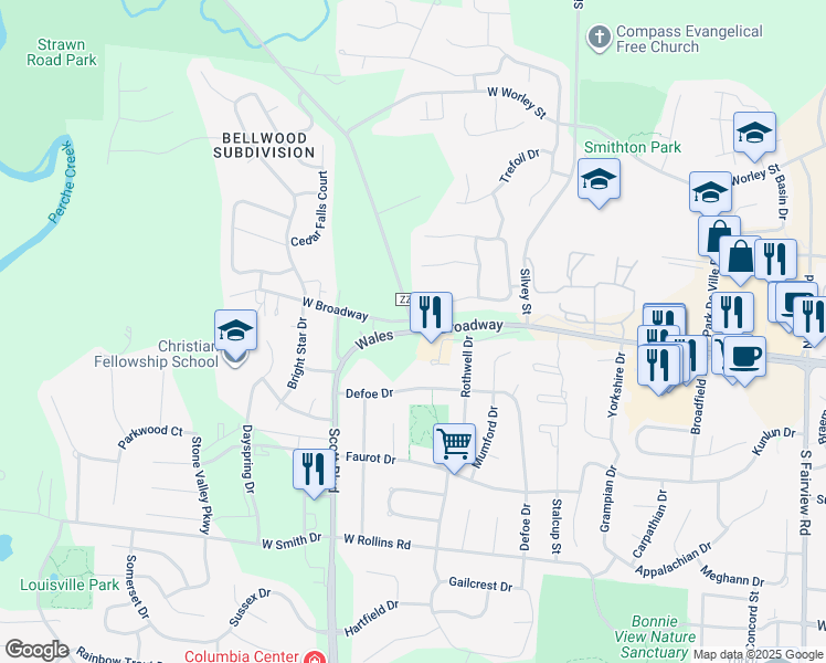 map of restaurants, bars, coffee shops, grocery stores, and more near 4098 West Broadway in Columbia
