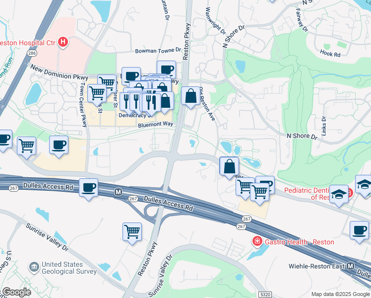 map of restaurants, bars, coffee shops, grocery stores, and more near 11800 Sunset Hills Road in Reston