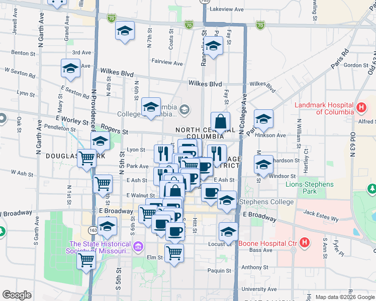 map of restaurants, bars, coffee shops, grocery stores, and more near 316 North 10th Street in Columbia