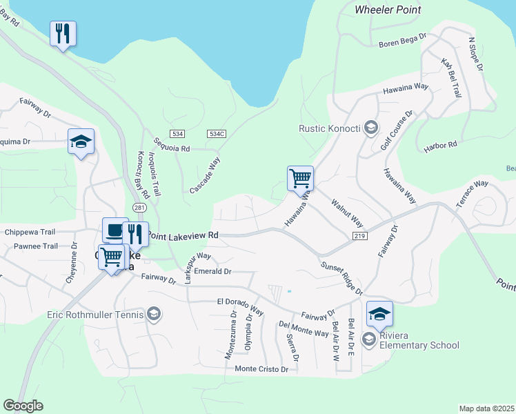 map of restaurants, bars, coffee shops, grocery stores, and more near 4898 Lassen Way in Kelseyville