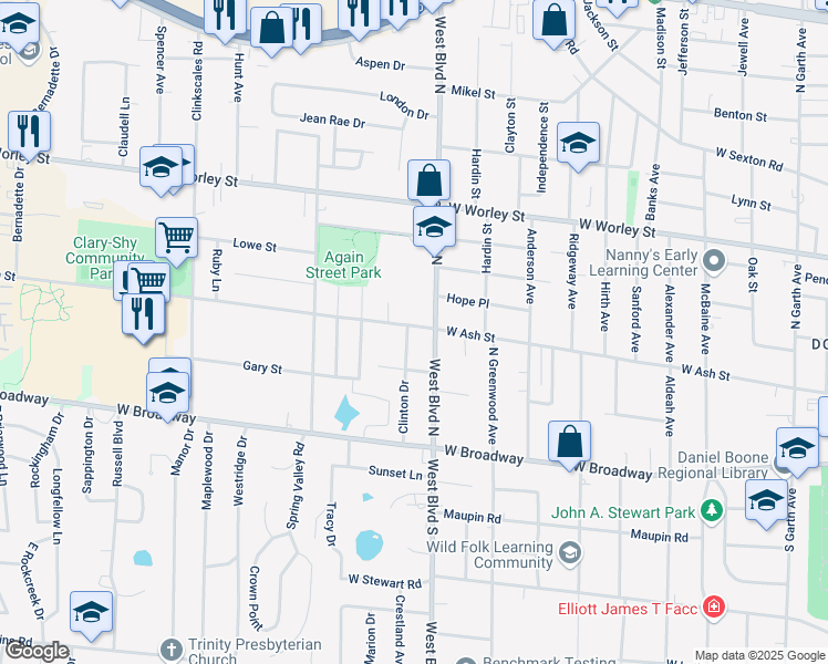 map of restaurants, bars, coffee shops, grocery stores, and more near 114 Clinton Drive in Columbia