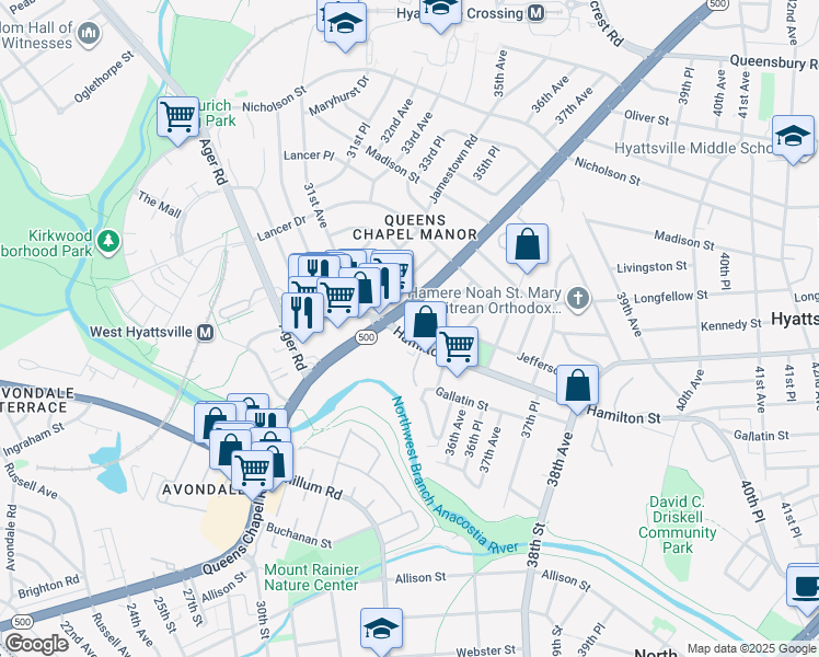 map of restaurants, bars, coffee shops, grocery stores, and more near 3414 Hamilton Street in Hyattsville