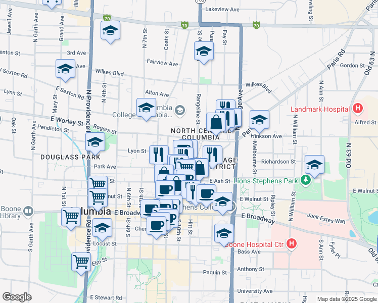 map of restaurants, bars, coffee shops, grocery stores, and more near 1006 Otto Court in Columbia