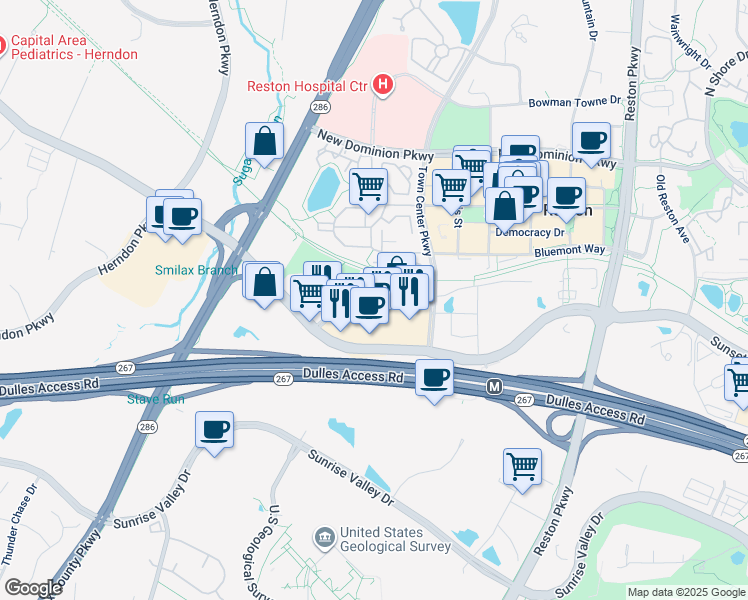 map of restaurants, bars, coffee shops, grocery stores, and more near 12120 Sunset Hills Road in Reston