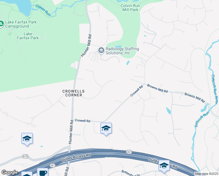map of restaurants, bars, coffee shops, grocery stores, and more near 10505 Hunting Crest Ln in Vienna