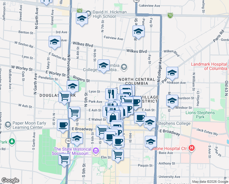 map of restaurants, bars, coffee shops, grocery stores, and more near 307 North 9th Street in Columbia