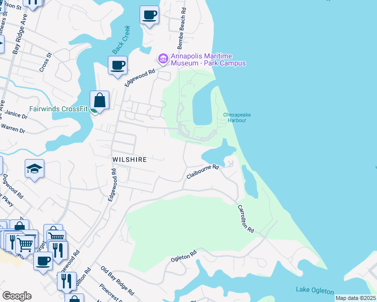 map of restaurants, bars, coffee shops, grocery stores, and more near 1130 Lake Heron Drive in Annapolis