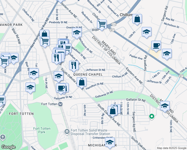 map of restaurants, bars, coffee shops, grocery stores, and more near 5367 Chillum Place Northeast in Washington