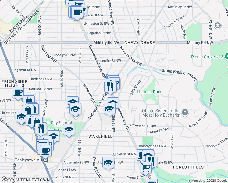 map of restaurants, bars, coffee shops, grocery stores, and more near 5023 Connecticut Avenue Northwest in Washington
