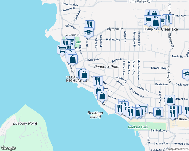 map of restaurants, bars, coffee shops, grocery stores, and more near 14325 Uhl Avenue in Clearlake
