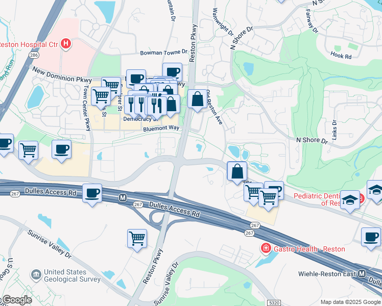 map of restaurants, bars, coffee shops, grocery stores, and more near 11800 Sunset Hills Road in Reston