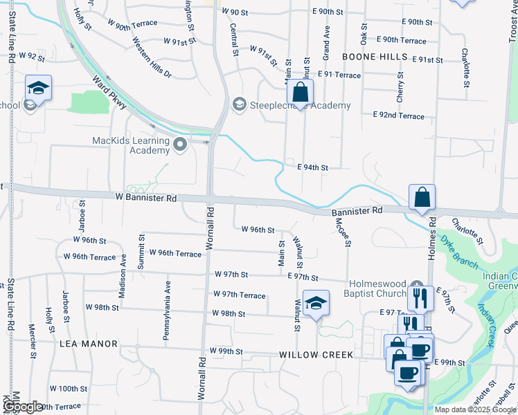 map of restaurants, bars, coffee shops, grocery stores, and more near 106 West 96th Street in Kansas City