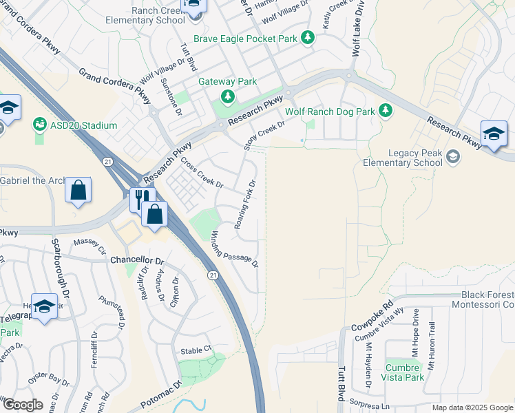 map of restaurants, bars, coffee shops, grocery stores, and more near 8571 Jacks Fork Drive in Colorado Springs