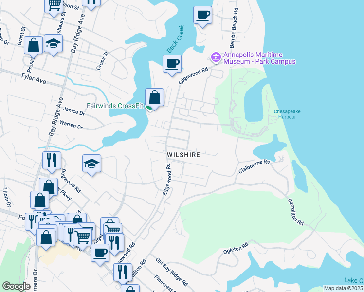 map of restaurants, bars, coffee shops, grocery stores, and more near 1011 Hyde Park Drive in Annapolis