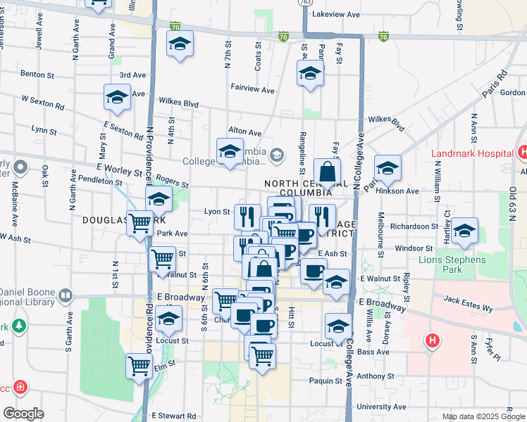map of restaurants, bars, coffee shops, grocery stores, and more near 305 North 10th Street in Columbia