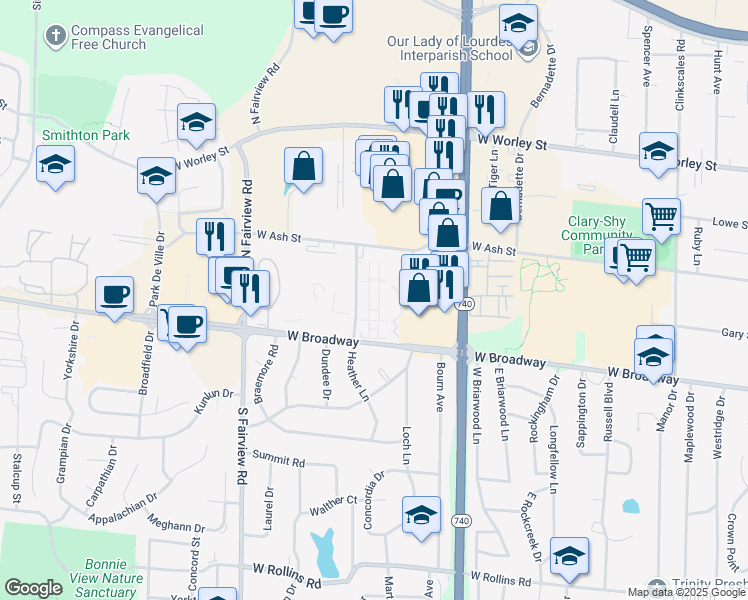 map of restaurants, bars, coffee shops, grocery stores, and more near 2401 West Broadway in Columbia
