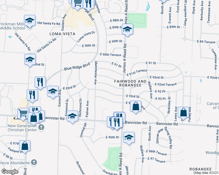 map of restaurants, bars, coffee shops, grocery stores, and more near 8005 East 93rd Street in Kansas City