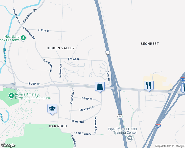 map of restaurants, bars, coffee shops, grocery stores, and more near 9436-9498 Cleveland Avenue in Kansas City