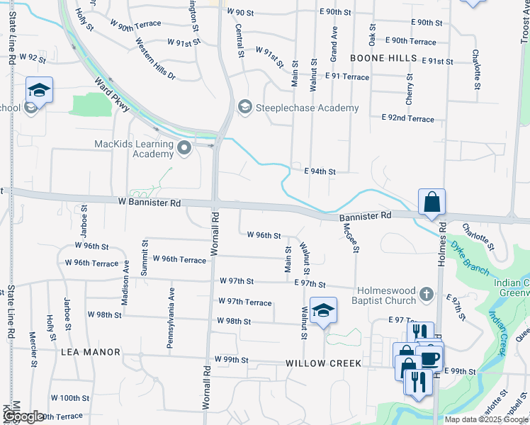 map of restaurants, bars, coffee shops, grocery stores, and more near 106 West 96th Street in Kansas City