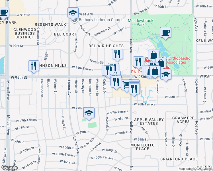 map of restaurants, bars, coffee shops, grocery stores, and more near 9587 Outlook Drive in Overland Park